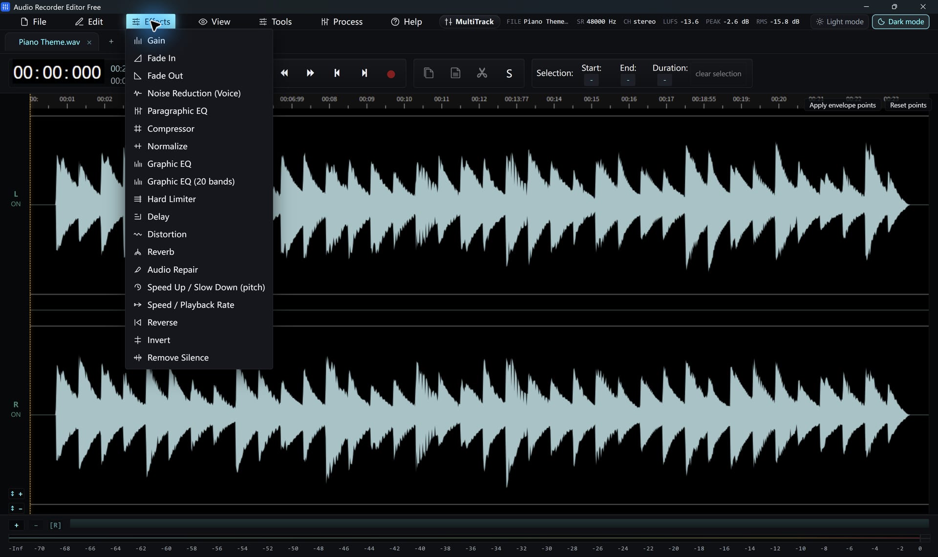 Effects menu with EQ, compressor, normalize, noise reduction, reverb and speed
